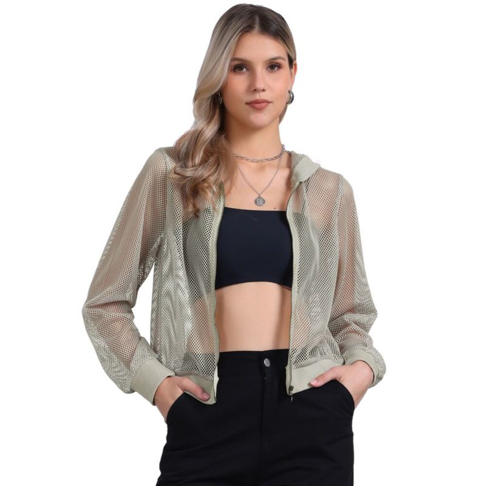 Hoodie Jacket Zip Up Long Sleeve Mesh Sheer Bomber Jackets Grey